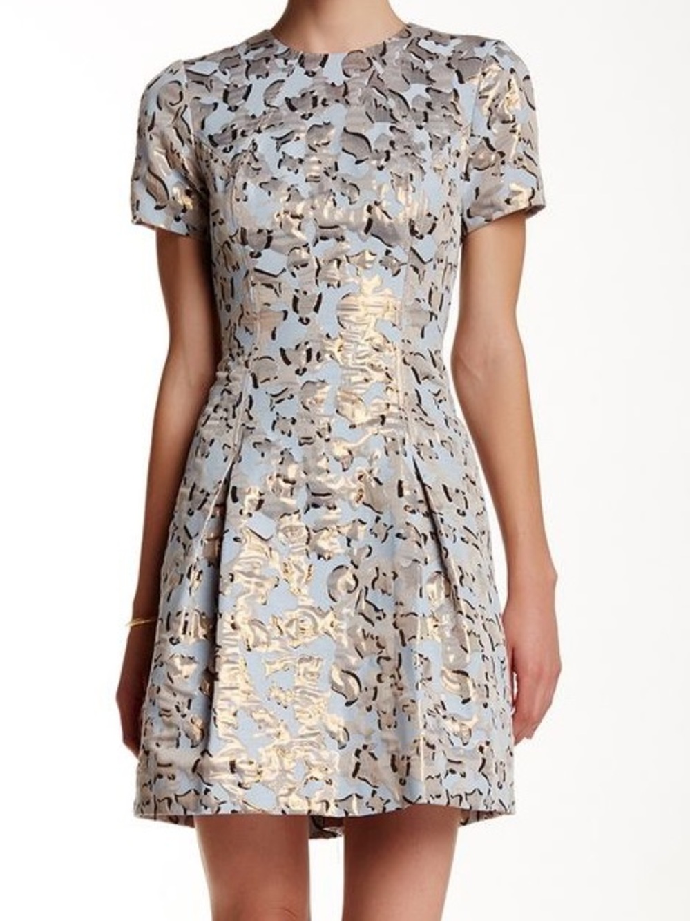 Vince Camuto Light Blue and Gold Metallic Fit-and-Flare Mini Dress